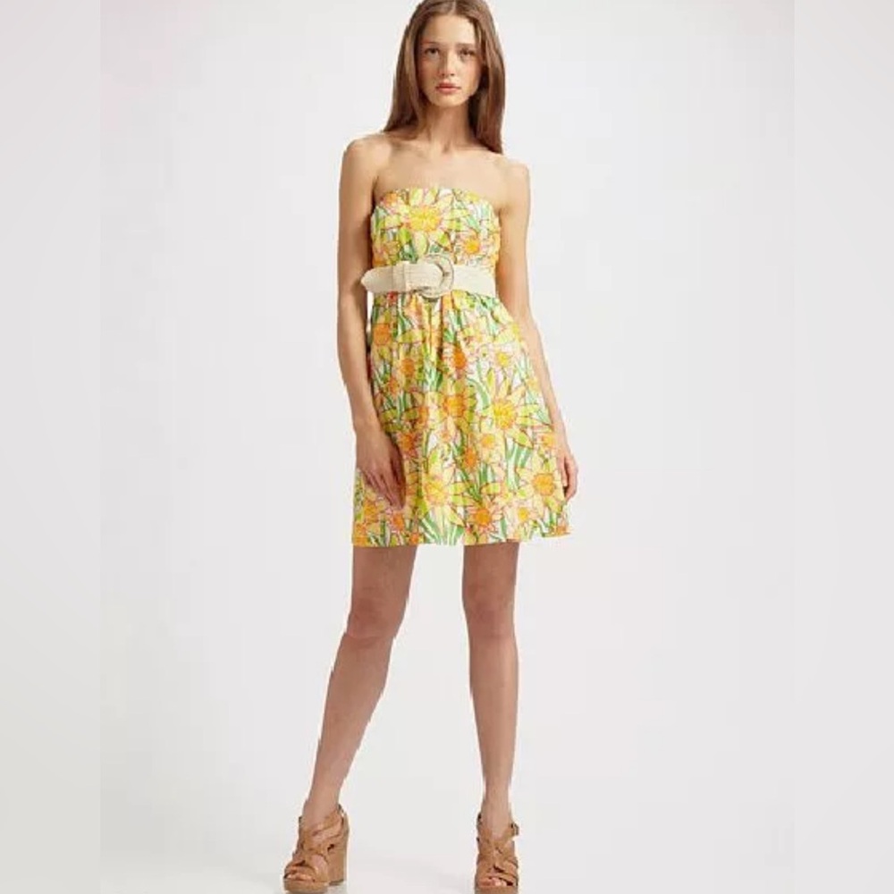Lilly Pulitzer Wyatt Orange Green Yellow Daffies Print Strapless belted Dress 10